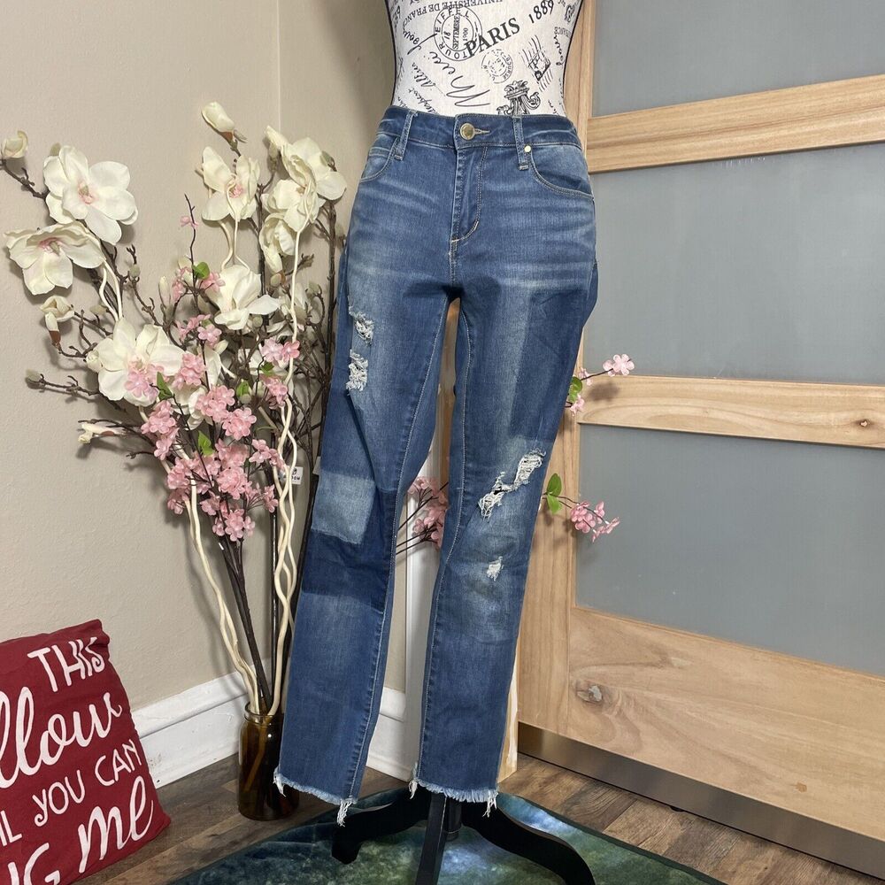 Articles of Society Blue Skinny Jeans Distressed Patchwork Raw Hem Mid Rise